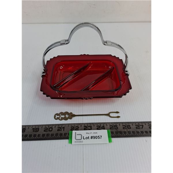 Vintage New Martinsville "Oscar" Pattern Ruby Red Glass Segmented Tray w/Chrome Handle & Pickle Fork