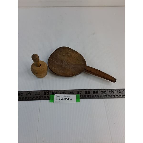 Antique Wooden Butter Paddle & Butter Stamp Depicting Grape Cluster