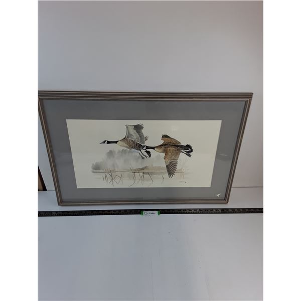 # Wood Framed "Canada Geese Flying" Water Color Painting by Dave Hiebert 1987 - 32" x 21" - PU Only