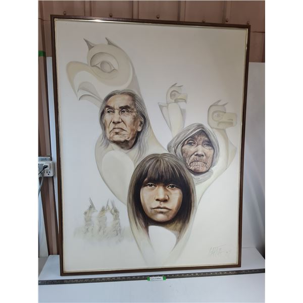 # Wood Framed Indigenous Themed Painting by Y.Gartua 1987 - 37.5" x 49.5" - Pickup Only
