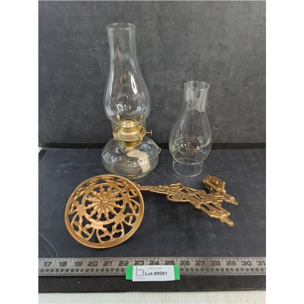 Antique 12" Wall Sconce w/12.5" Oil Lamp (Handle Broke Off) & Extra Chimney - Cannot Ship
