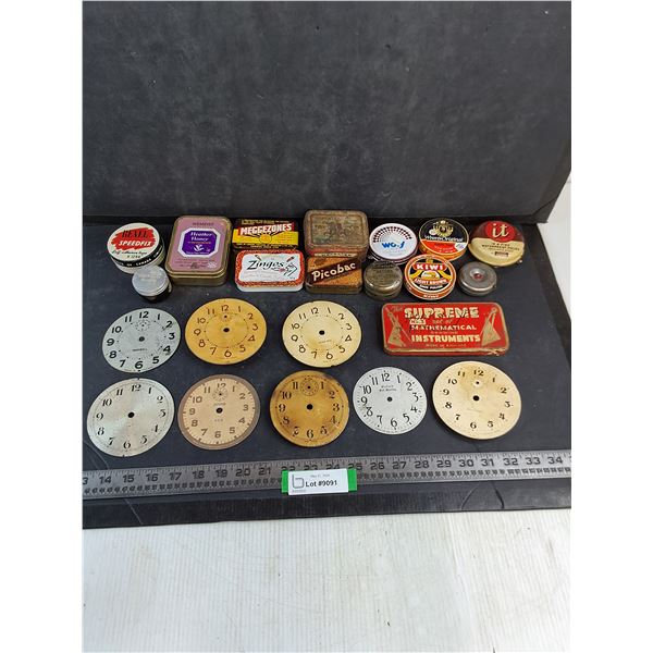 Assorted Vintage Containers & Tins, Clock Faces, Misc.