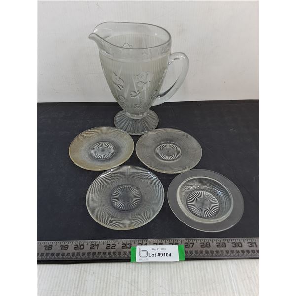 Jeanette 'Iris & Herringbone' Depression Glass Pitcher & 'Saguenay' Dominion Glass Plates & Bowl