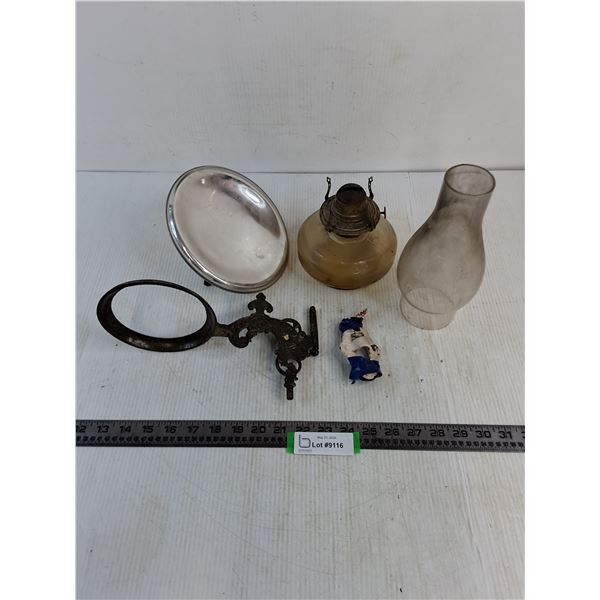Antique 13" "White Flame" Oil Lamp w/Wall Sconce & Reflector - Cannot Ship