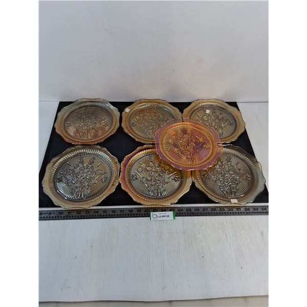 (7) Vintage Jeanette Marigold "Iris & Herringbone" Glass Dinner Plates