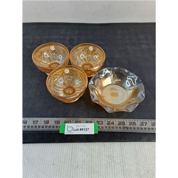 (4) Jeanette Marigold "Iris & Herringbone" Chipped Sherbet Cups & Candy Dish
