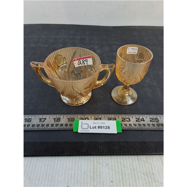 Vintage Jeanette Marigold "Iris & Herringbone" Sugar Bowl & Liquer Glass
