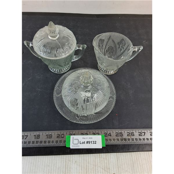 (4) Vintage Jeanette "Iris & Herringbone" Cream/Sugar & Butter Dishes