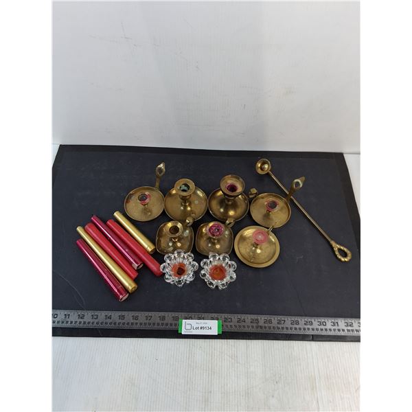 Assorted Brass & Glass Candle Holders, Candles & Snuffer