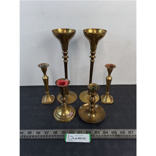 (6) Brass Candle Holders - Tallest 10.5" High