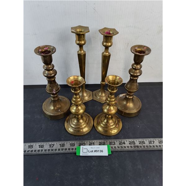 (3) Pairs of Brass Candle Holders - Tallest 8.5" High