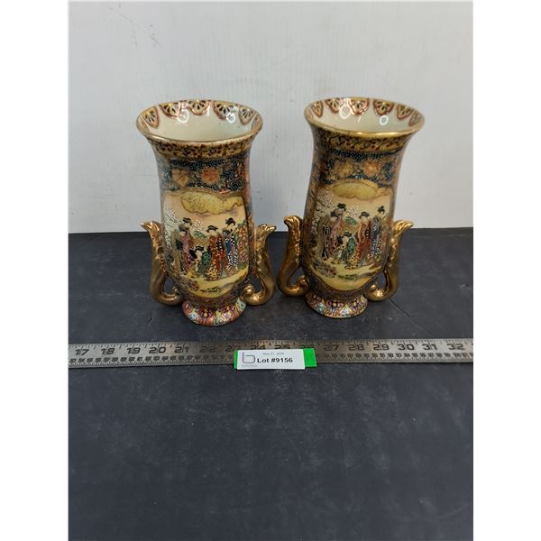(2) Satsuma Oriental Ceramic Vases - 8.5" Tall