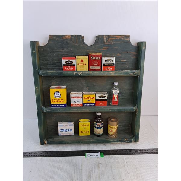 Vintage Wooden  Wall Shelf w/13 Vintage Product Containers - 20" x 20"