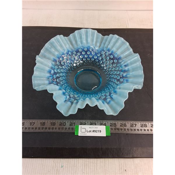 Vintage Fenton Blue Opalescent Hobnail Glass Ruffle Bowl - 12" Diameter
