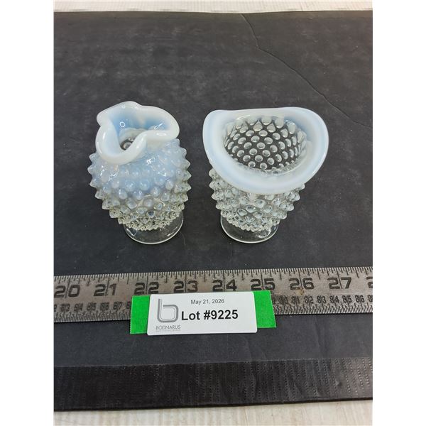 (2) Vintage Fenton Art Glass Hobnail White Opalescent Vases