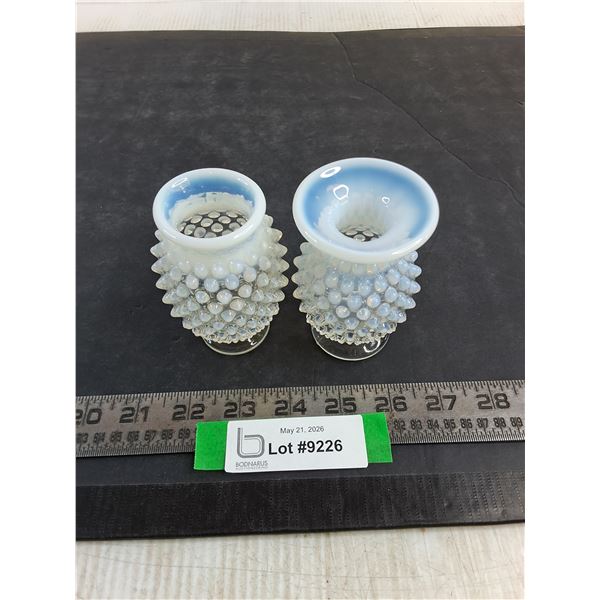 (2) Vintage Fenton Art Glass Hobnail White Opalescent Vases