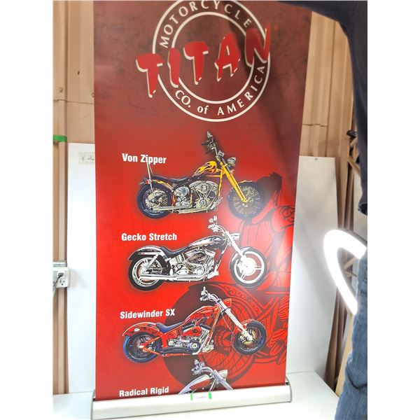 Titan Motorcycles Showroom Floor Poster - 33" Metal Case - Missing Back Support Rod - Pickup Only
