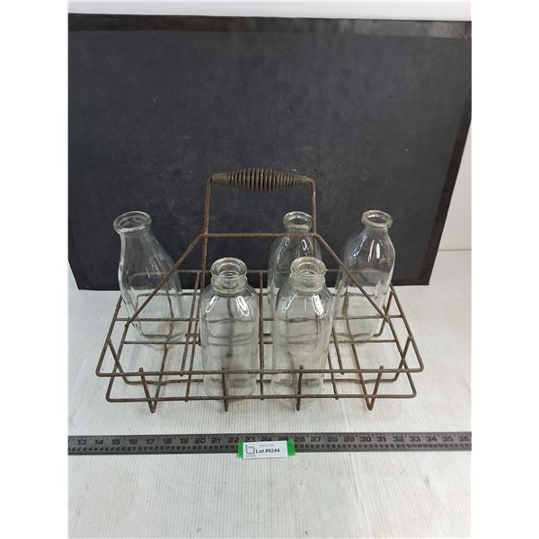 Vintage Wire Milk Bottle Carrier w/5 Bottles - Cannot Ship