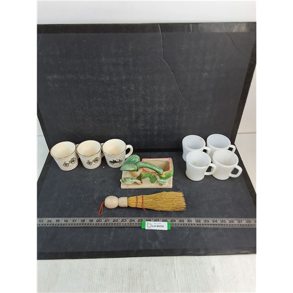 (7) Coffee Mugs, Vintage Ceramic Holder, Hand Broom