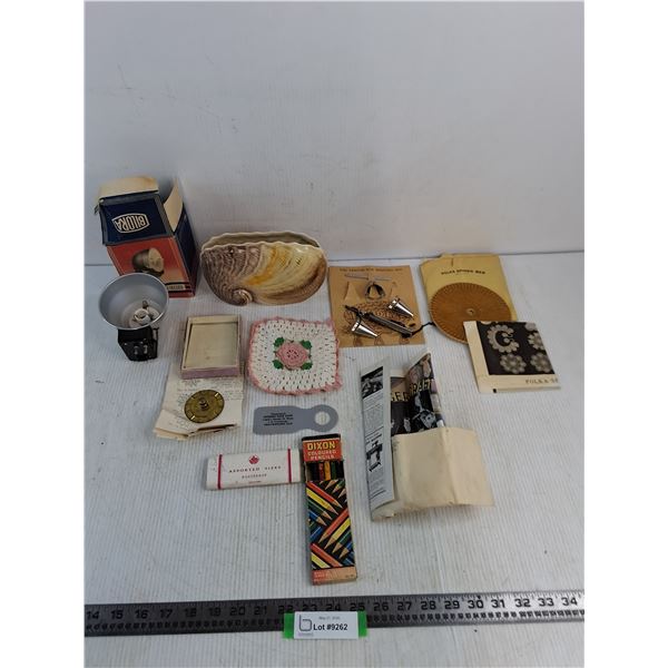 Assorted Vintage Products (Doily Makers, Camera Flash, Rug Braider, Sea Shell Ceramic, Misc.)