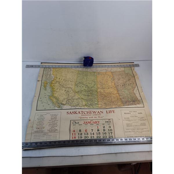 1931 Promotional Wall Calendar for Saskatchewan Life Insurance