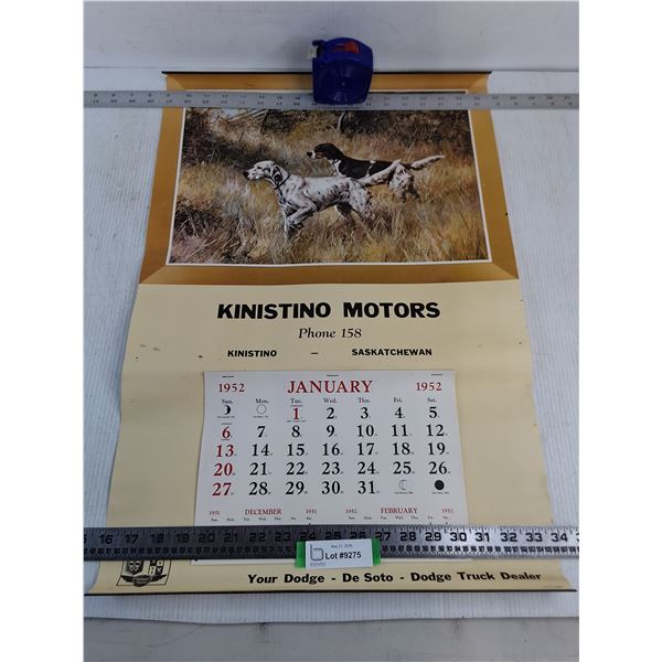 1952 Promotional Wall Calendar for Kinistino Motors