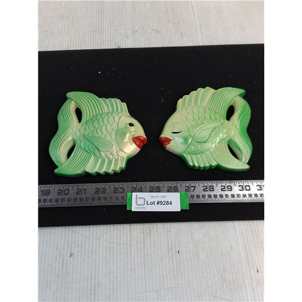Pair of Vintage Chalkware "Green Fish" Wall Decor - 1 Chip