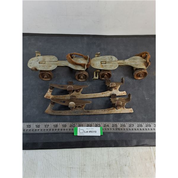 (2) Vintage Pairs of Strap-on Ice Skates & Roller Skates