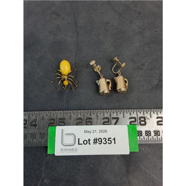 Vintage Spider Brooch & Coffee Pot Ear Rings
