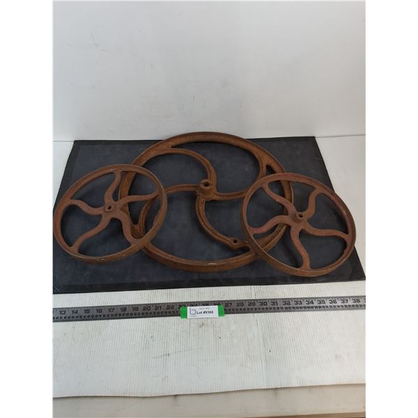 (3) Antique Cast Iron Wheel Pulleys - Largest 18" Diameter - Pickup Preferred