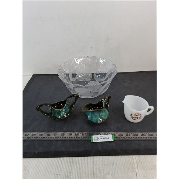 Assorted Glassware & Ceramics (Blue Mountain Cream & Sugar Set, Glass Bowl, Fire King Mug)