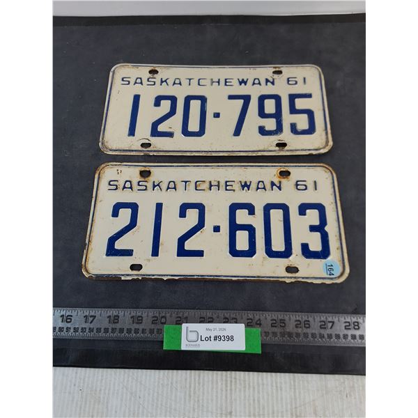 (2) 1961 Saskatchewan License Plates
