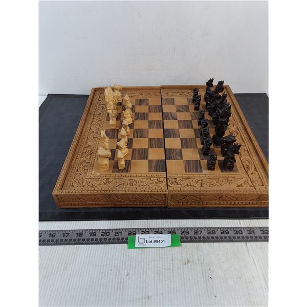 Ornate Wooden Chess Board With Pieces - Incomplete With Damage