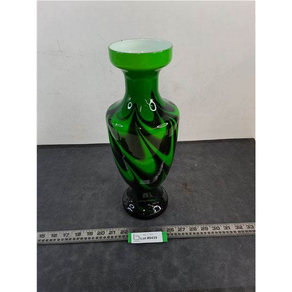 Vintage Green & Black Glass Vase - 15" High