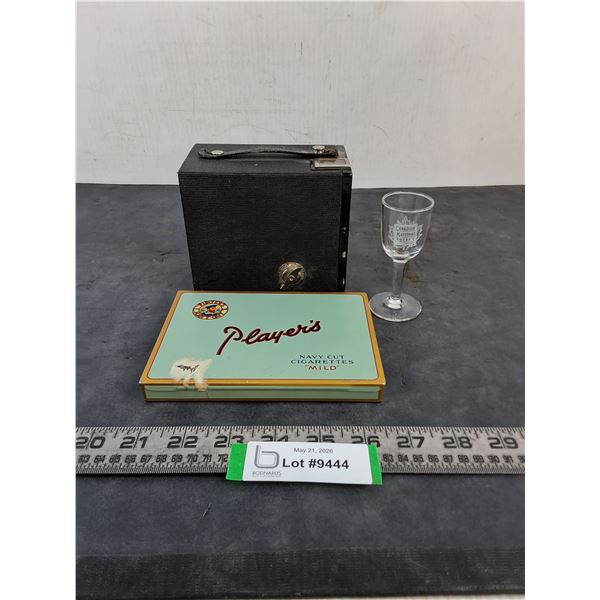 Vintage 620 Hawkeye Kodak Camera, Player's Cigarette Tin, CNH Liquer Glass