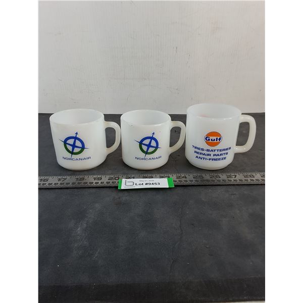 (3) Promotional Milk Glass Coffee Mugs
