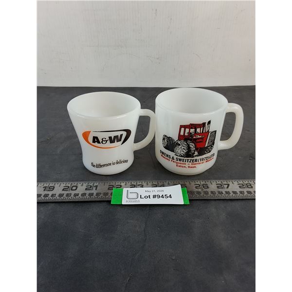 (2) Promotional Milk Glass Coffee Mugs