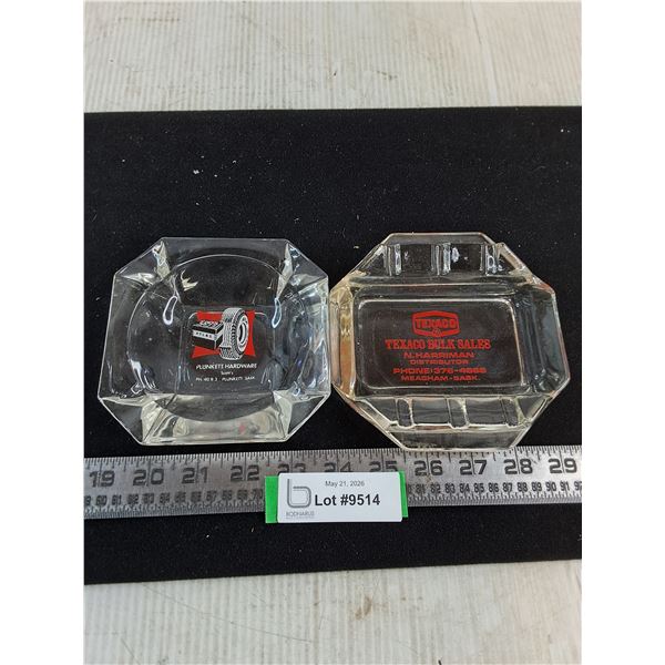 (2) Promotional Glass Ash Trays (Plunkett Hardware & Texaco)