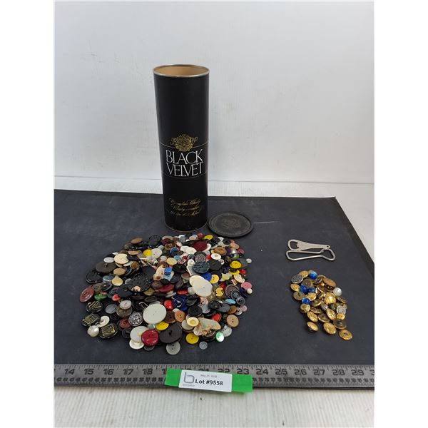 Bulk Assorted Buttons (Plastic  & Brass), Bottle Openers, Black Velvet Liquor Box