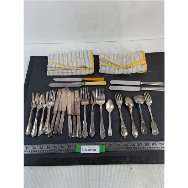 Assorted Vintage Silver Plated and Stainless Steel Flatwear w/Storage Aprons