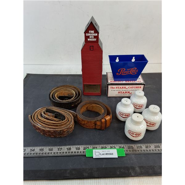 (3) Leather Belts (4) Co-op Shakers (1) Whiskey "Grain Elevator", Pepsi Cap Catcher