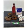 Image 1 : (3) Leather Belts (4) Co-op Shakers (1) Whiskey "Grain Elevator", Pepsi Cap Catcher
