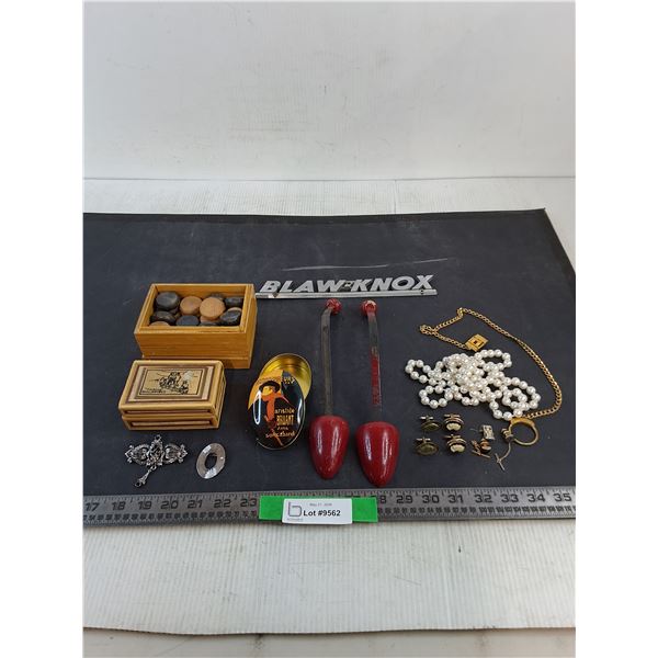 Box w/Crokinole Pieces, Tin Box, Blaw-Knox Jewelry, Misc.
