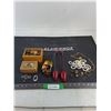 Image 1 : Box w/Crokinole Pieces, Tin Box, Blaw-Knox Jewelry, Misc.