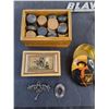 Image 2 : Box w/Crokinole Pieces, Tin Box, Blaw-Knox Jewelry, Misc.