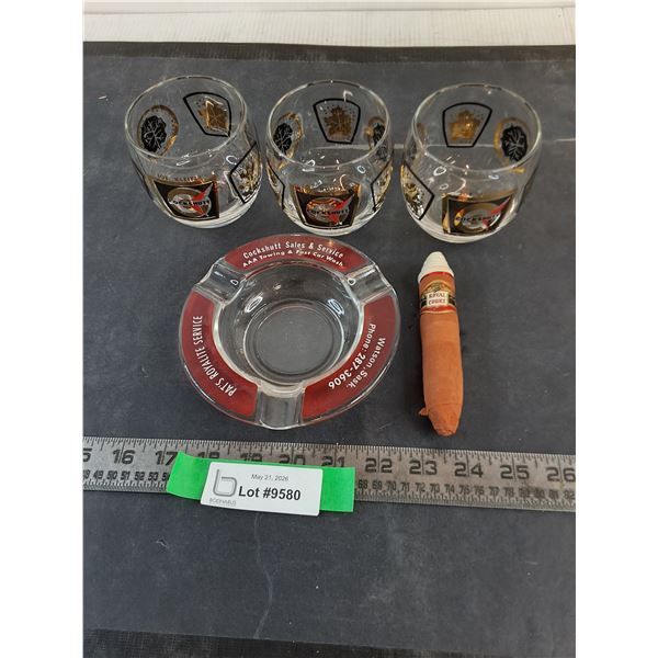 Glass Promotional Ashtray, Novelty Cigar, (3) Cockshutt Glass Tumblers
