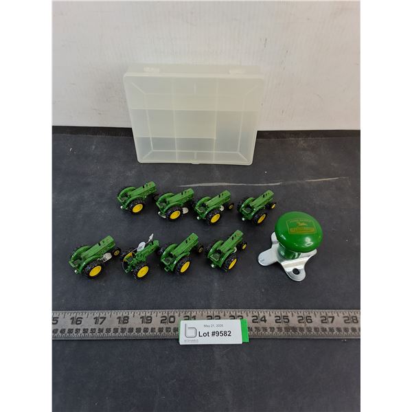 John Deere Suicide Knob, (8) Replica Diecast Tractors, Plastic Box