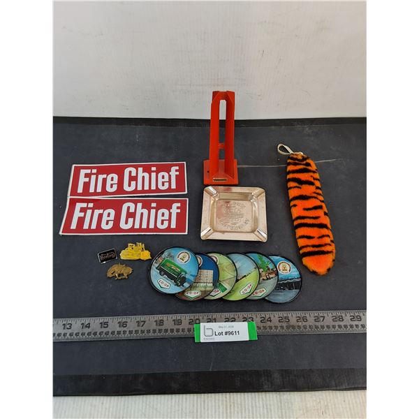 Assorted Mostly Vintage Items (Non-Magnetic Ash Tray, Fire Chief Stickers, Pins, Coasters, Misc.