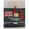 Image 1 : Assorted Mostly Vintage Items (Non-Magnetic Ash Tray, Fire Chief Stickers, Pins, Coasters, Misc.