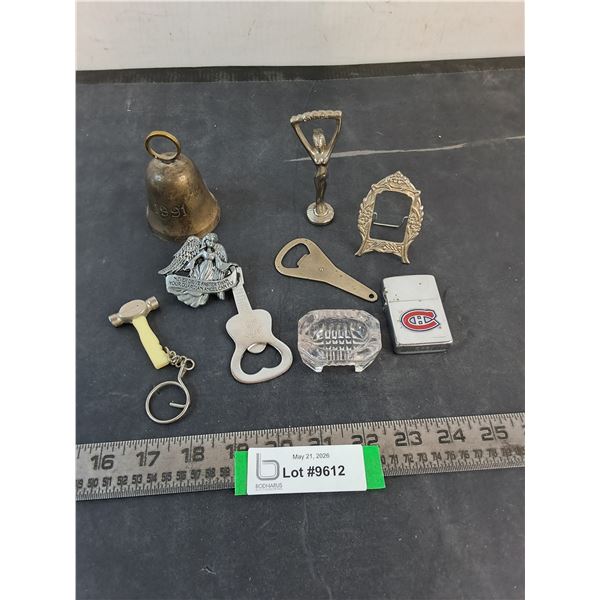 Assorted Mostly Vintage Souveniers (Brass Bell, Bottle Openers, NHL Lighter, Misc.)
